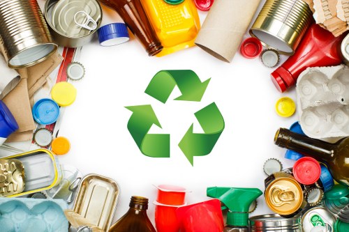 A flat lay arrangement of various types of rubbish, including aluminium cans, plastic bottles, glass bottles, and cardboard tubes, surrounding a green recycling symbol in the centre. The rubbish objects display different textures and finishes, such as smooth, shiny surfaces on metal cans and bottles, and matte, corrugated textures on cardboard. The items are scattered on a white surface, with some overlapping and positioned at different angles, creating a colourful and diverse scene representative of waste materials that a rubbish removal service like St Johns Wood House Clearance might collect in the local area near NW3. The recycling symbol emphasizes environmentally responsible waste disposal, aligning with professional rubbish collection services. The lighting is bright and even, highlighting the varied materials and colours of the waste items, conveying a clear and accurate image of waste materials typically managed by the company.